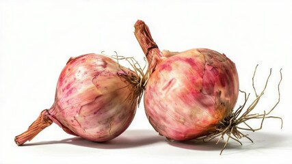 Poster - A pair of onions sitting on a clean white surface, perfect for use in still life photography or as a prop in culinary or food-related images