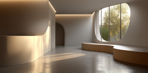 Poster - Minimalist interior curved wall large window natural light modern architecture smooth surface serene atmosphere neutral color empty space