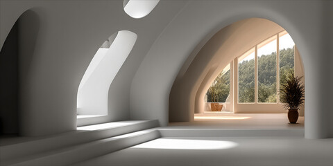 Poster - Minimalist interior white curved wall arched window sunlight modern design serene plant spacious clean architectural