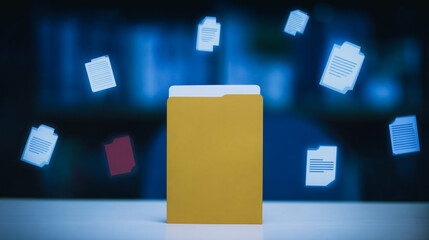 Poster - Digital File Management: A close-up perspective showcases a digital folder, with documents floating, symbolizing efficient data organization in a modern workplace.