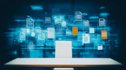 Poster - Digital Data Visualization: Envision the future of information management. a desk sits centered before a holographic display, teeming with digital documents.