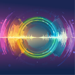 Poster - Abstract colorful sound wave illustration with concentric circles and digital elements