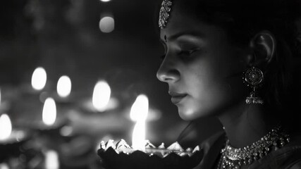 Poster - A woman holds a lit candle in her hand, illuminating the surrounding area