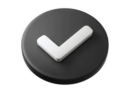 3d rendered white check mark on a dark gray circular button isolated on transparent background