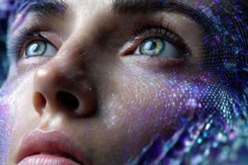 Poster - Close-up of a person with striking blue eyes amidst digital patterns in a futuristic scene