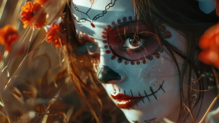Aufkleber - A person's face is painted with colorful designs and patterns, ideal for use in artistic or creative concepts