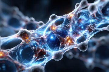 Poster - Complex structure of interconnected cells with luminous highlights in a vibrant microscopic view