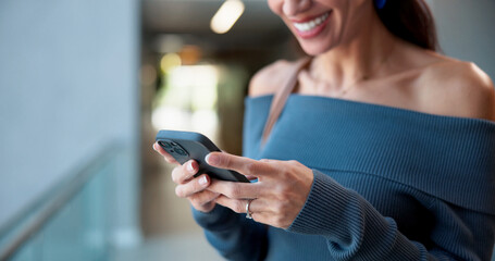 Poster - Business, smartphone and woman in office, hands and social media with online reading. Mature person, employee or professional in workplace, cellphone or chatting with connection or message to contact
