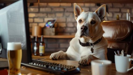 Poster - A dog sitting in front of a computer on a desk, perfect for office or home use