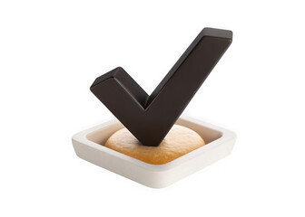 Aufkleber - Dark 3d check mark symbol pressed into soft yellow dough in a white square container isolated on transparent background