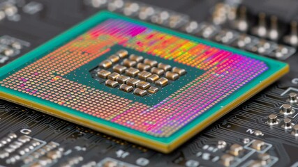 Poster - Close-up of Colorful CPU Pins Reflecting on PCB Traces with Intricate Details and Patterns