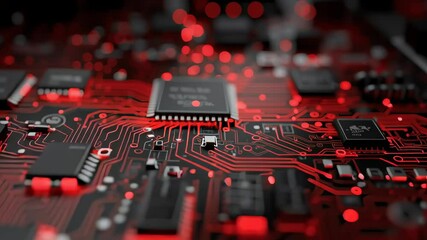 Poster - Close-up of a circuit board featuring a floating microchip on a vibrant red background