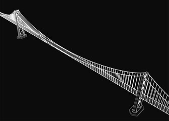 Poster - Suspension bridge 3D model features two tall towers connected by intricate cables, showcasing detailed engineering design. The structure stands out against a sleek black background.
