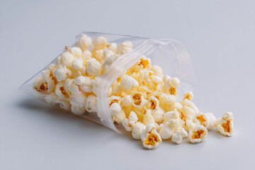Poster - Popcorn spilling from a clear plastic bag, showcasing a light and fluffy snack, perfect for movie nights or casual munching at home.