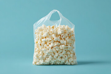 Poster - A clear plastic bag filled with freshly popped popcorn.  Sweet and salty snack in clear container, ready to be eaten. Light blue background.