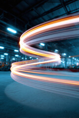 Poster - Abstract light trails swirl dynamically against an industrial backdrop. Illustrates innovation, future technology, or streamlined processes. Perfect for business, science, or energy projects.