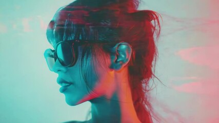 Aufkleber - A woman wearing sunglasses looks out at a city skyline