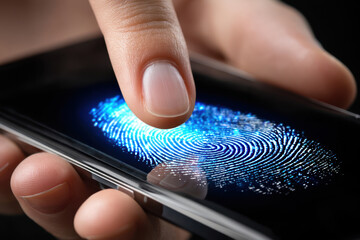 Poster - Close-up of a fingerprint scan on a mobile device in a dark setting by a person