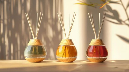 Poster - Three wooden vases filled with sticks on a table