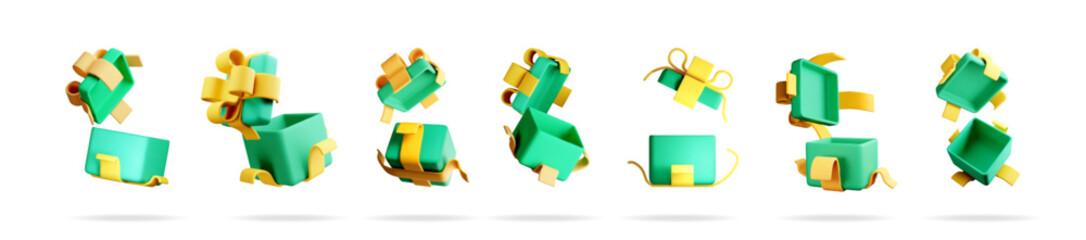 Poster - 3d illustration set of flying gift boxes with golden ribbon. Surprise box concept for celebration, giveaway, shopping, holiday, birthday.