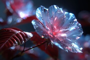 Poster - Colorful translucent flower glistening with dew in a mysterious dark environment