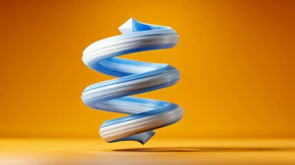 Poster - Abstract 3D illustration of a twisting ribbon-like shape in blue and white colors, set against a vibrant orange background, showcasing dynamic movement and modern design aesthetics