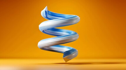 Poster - Abstract 3D illustration of a twisting ribbon-like shape in blue and white colors, set against a vibrant orange background, creating a dynamic visual effect and modern artistic expression