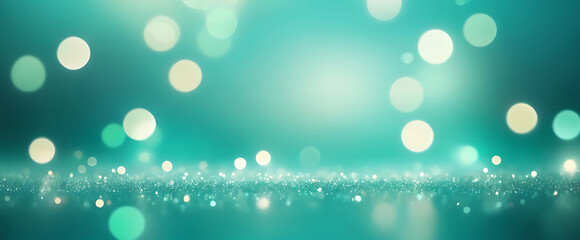 Poster - Abstract Glowing Blue Green Gradient Bokeh Background, Sparkling Light Particles, Smooth Texture and Modern Artistic Design, ai