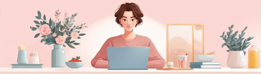 Poster - A young woman works on a laptop at a cozy desk adorned with flowers, snacks, and a warm ambiance.