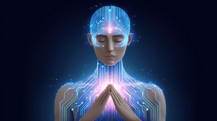 Poster - A digital figure with a circuit-like design meditates, emanating a soft glow, symbolizing the fusion of technology and consciousness.