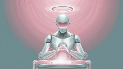 Poster - A futuristic robot meditates, surrounded by a glowing halo, symbolizing tranquility and advanced technology.