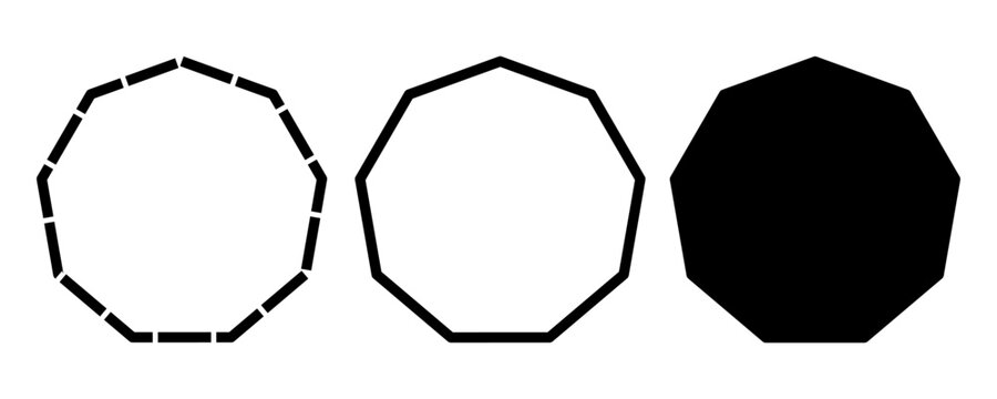 Set of nonagon vector shapes including dashed outline, solid stroke, and filled version or silhouette. Ideal for geometry visuals, abstract elements, and infographic design. isolated white background