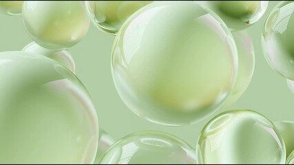 Poster - Close-up view of translucent bubbles floating in a soft green background, offering a calming and serene atmosphere