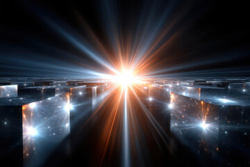 Poster - Bright light emerging from a grid of reflective cubes in a dark cosmic space environment