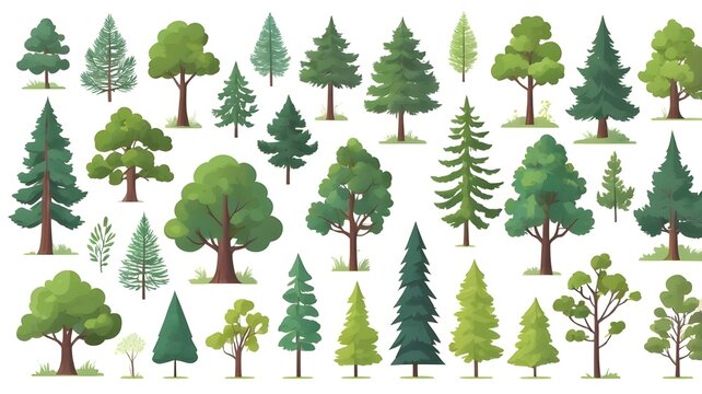 Cartoon tree. Simple flat forest flora, coniferous and deciduous meadow trees, oak pine Christmas tree isolated plants. Vector set illustration agricultural garden and nature park plant