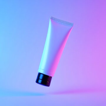 A sleek white cosmetic tube floating in mid-air with soft lighting, no label, soft lavender-pink gradient background, dreamy and elegant skincare product concept.
