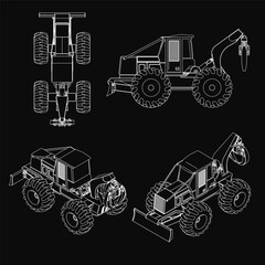 Fototapete - Four detailed construction vehicle sketches on a black background, including a tractor with distinct features. Each machine displays unique design elements and bright colors contrasting sharply.