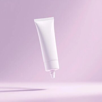 A sleek white cosmetic tube floating in mid-air with soft lighting, no label, soft lavender-pink gradient background, dreamy and elegant skincare product concept.
