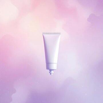 A sleek white cosmetic tube floating in mid-air with soft lighting, no label, soft lavender-pink gradient background, dreamy and elegant skincare product concept.