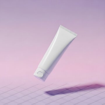 A sleek white cosmetic tube floating in mid-air with soft lighting, no label, soft lavender-pink gradient background, dreamy and elegant skincare product concept.