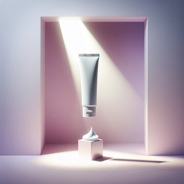 A sleek white cosmetic tube floating in mid-air with soft lighting, no label, soft lavender-pink gradient background, dreamy and elegant skincare product concept.