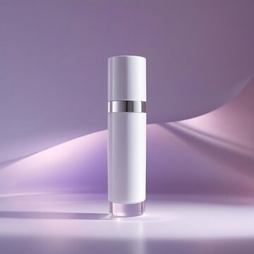 A sleek white cosmetic tube floating in mid-air with soft lighting, no label, soft lavender-pink gradient background, dreamy and elegant skincare product concept.