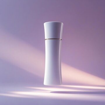 A sleek white cosmetic tube floating in mid-air with soft lighting, no label, soft lavender-pink gradient background, dreamy and elegant skincare product concept.