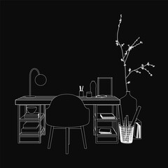 Poster - A black and white illustration of a workplace desk featuring a chair, lamp, flower vase, and stacked books against a dark background. The composition highlights a clean.
