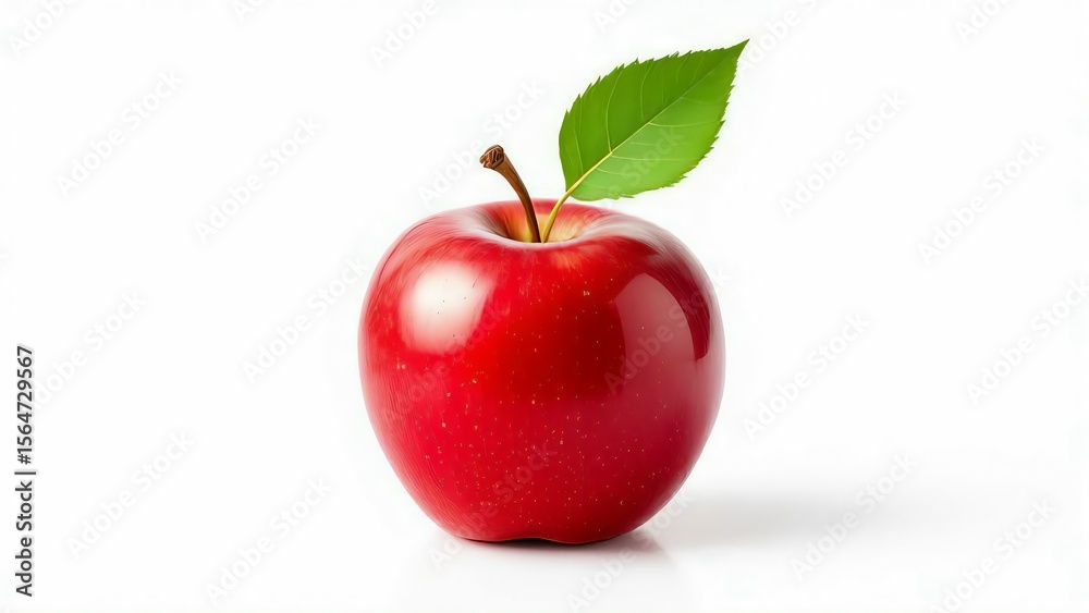 Single Ripe Apple A single ripe red apple with a green leaf and stem isolated on white ...