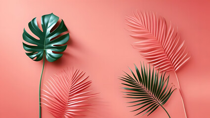 Poster - A minimalist flat lay composition featuring four stylized, monochromatic coral-colored tropical leaves 
