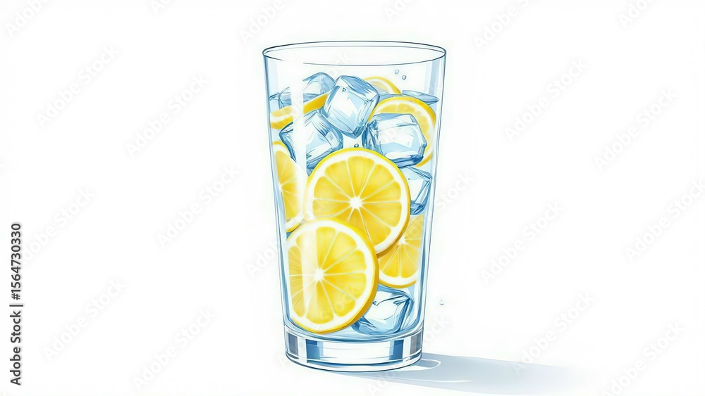 Refreshing glass of water with lemon slices and ice cubes isolated on ...