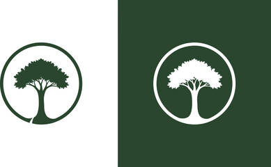 Leinwandbilder - Two tree logos in circles one dark green on white and one white on dark green background split screen