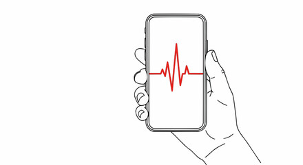 Poster - Hand holding a smartphone displaying a red heartbeat line on the screen in a simple line drawing style
