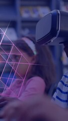 Poster - Animation of glowing 3d shapes over african american boy using vr headset
